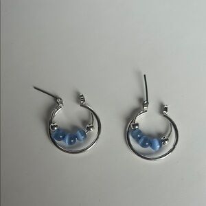 Silver Tone and Blue “Cat’s Eye” Beads Hoop Earrings
